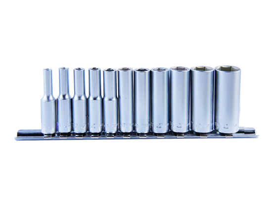 Cassetta di bussole lunghe pollici 1/4" esagonale - 11 elementi